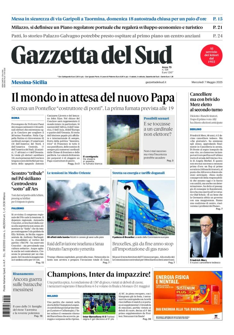 Prima-pagina-gazzetta-del-sud-messina-edizione-di-oggi-07-05-2025