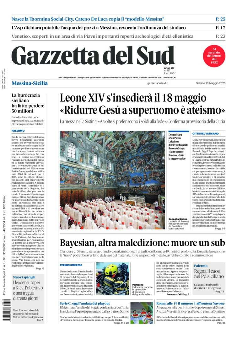 Prima-pagina-gazzetta-del-sud-messina-edizione-di-oggi-10-05-2025