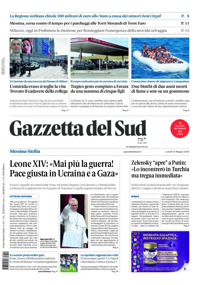 Prima-pagina-gazzetta-del-sud-messina-edizione-di-oggi-12-05-2025