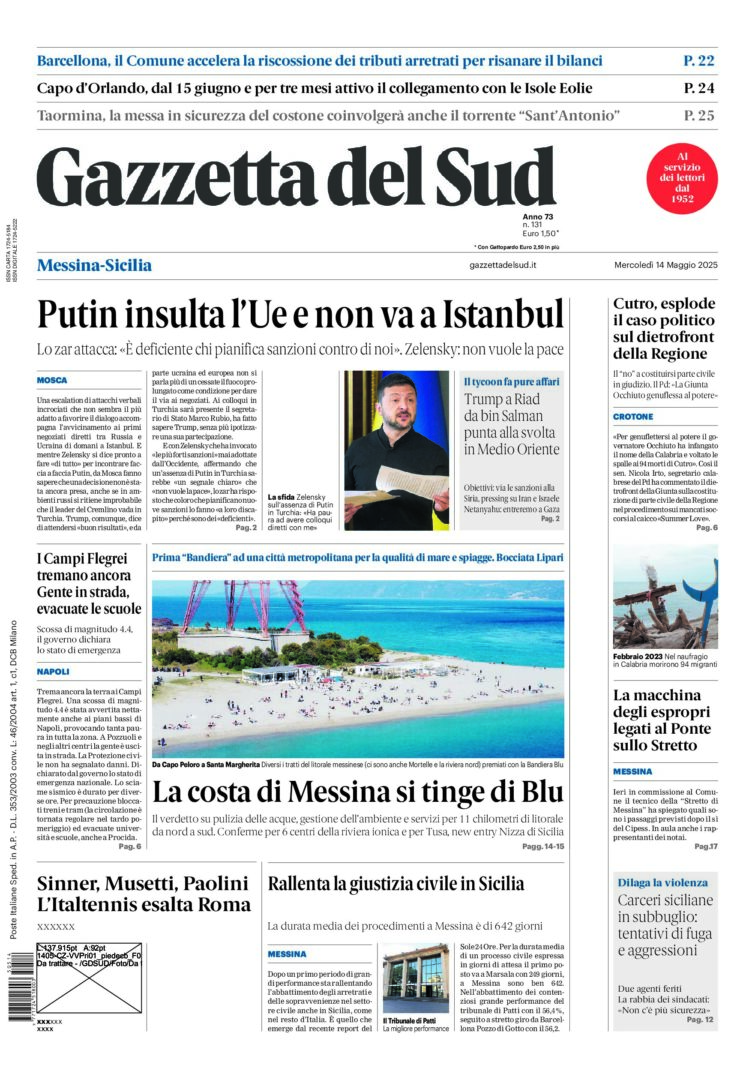 Prima-pagina-gazzetta-del-sud-messina-edizione-di-oggi-14-05-2025