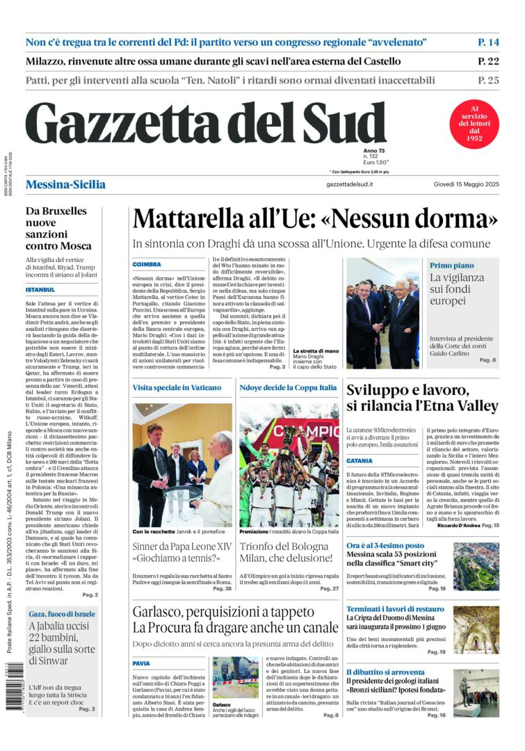 Prima-pagina-gazzetta-del-sud-messina-edizione-di-oggi-15-05-2025