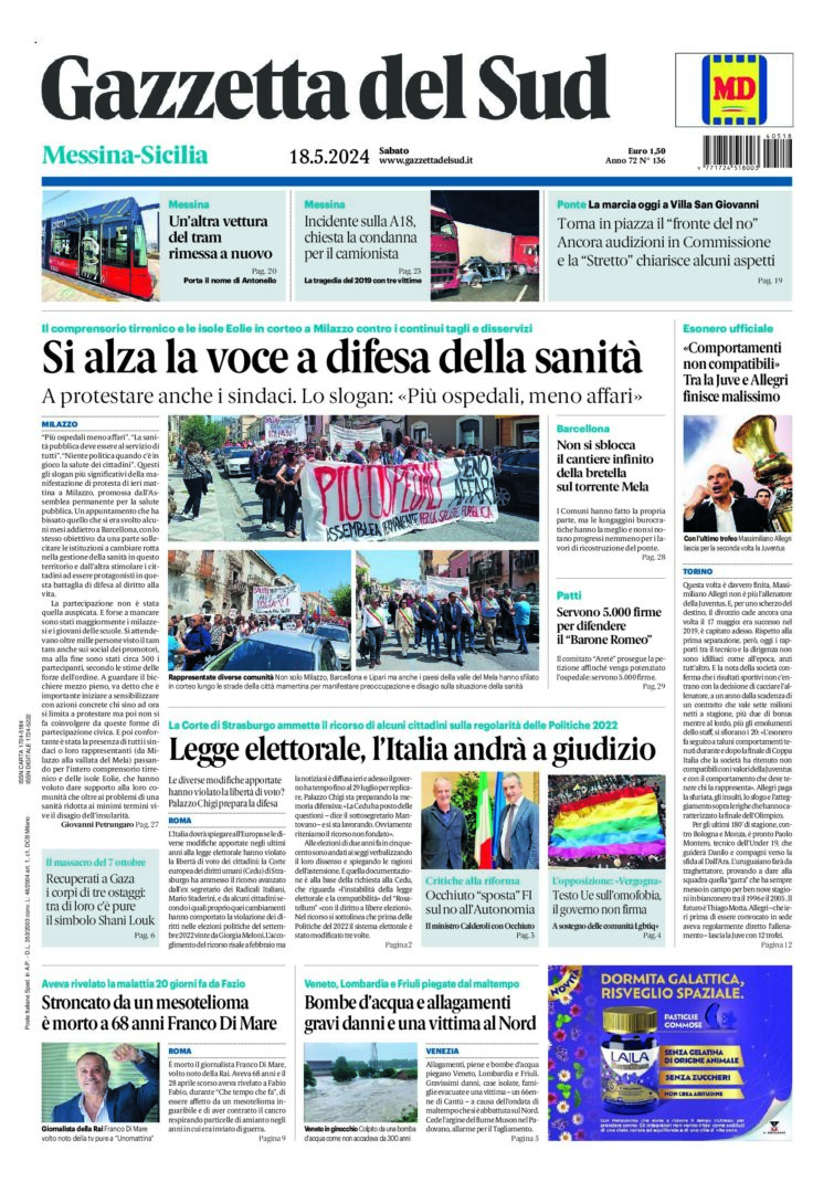 Prima-pagina-gazzetta-del-sud-messina-edizione-di-oggi-18-05-2024