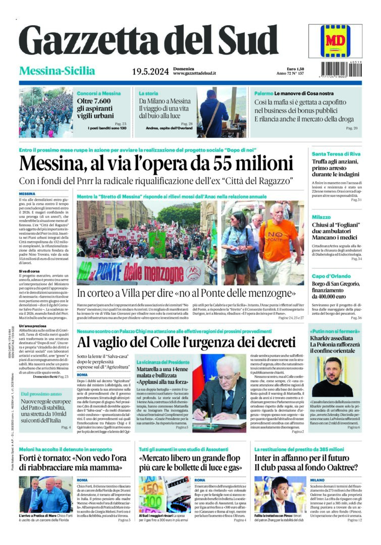 Prima-pagina-gazzetta-del-sud-messina-edizione-di-oggi-19-05-2024