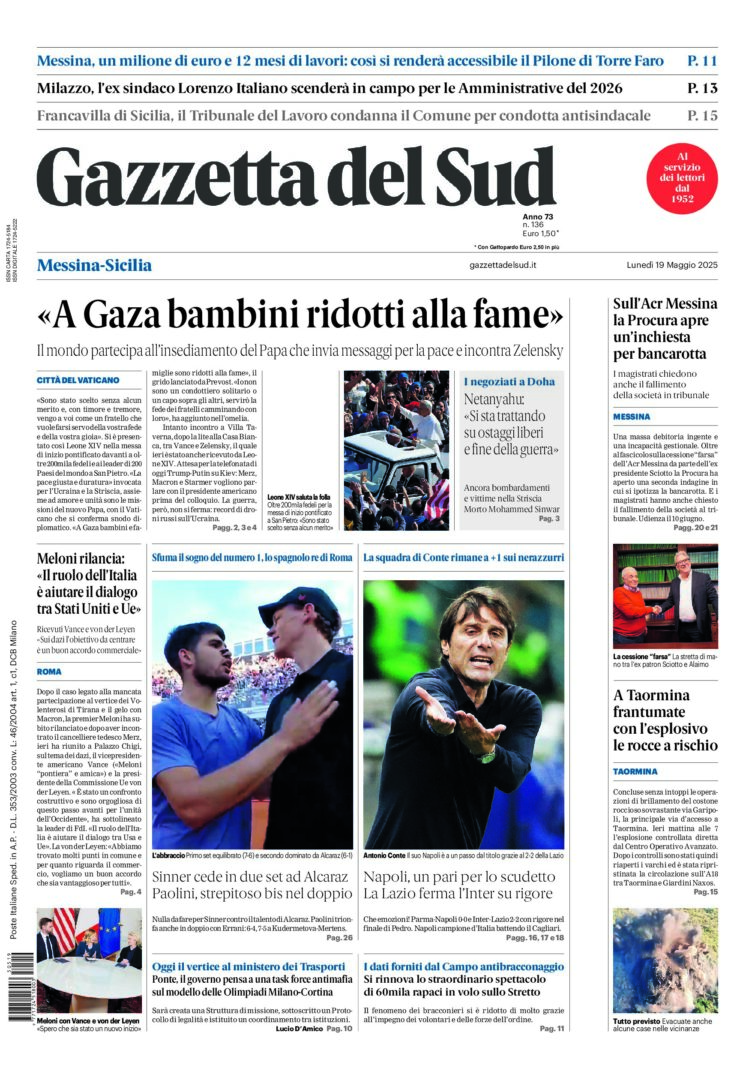 Prima-pagina-gazzetta-del-sud-messina-edizione-di-oggi-19-05-2025