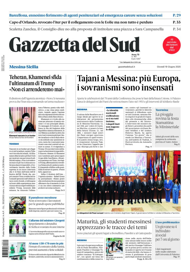 Prima-pagina-gazzetta-del-sud-messina-edizione-di-oggi-19-06-2025