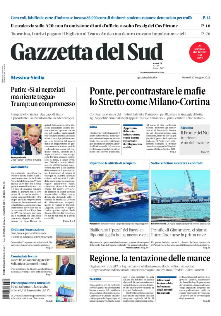 Prima-pagina-gazzetta-del-sud-messina-edizione-di-oggi-20-05-2025