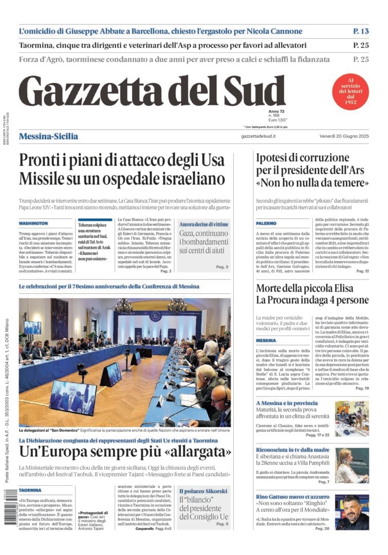 Prima-pagina-gazzetta-del-sud-messina-edizione-di-oggi-20-06-2025