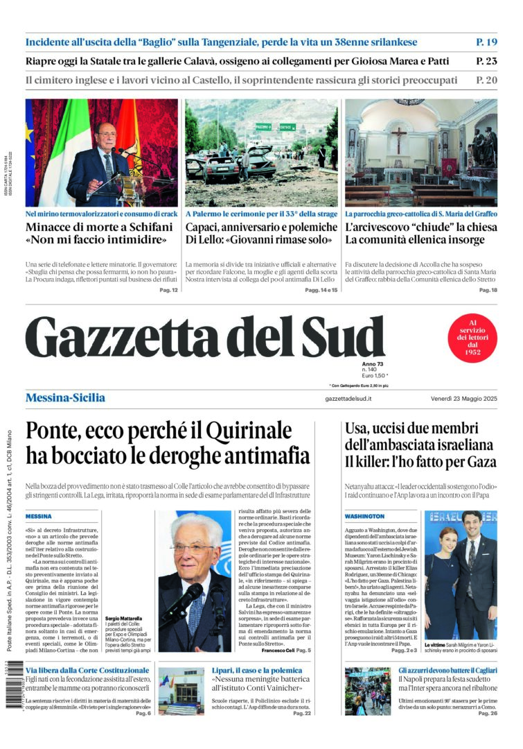 Prima-pagina-gazzetta-del-sud-messina-edizione-di-oggi-23-05-2025