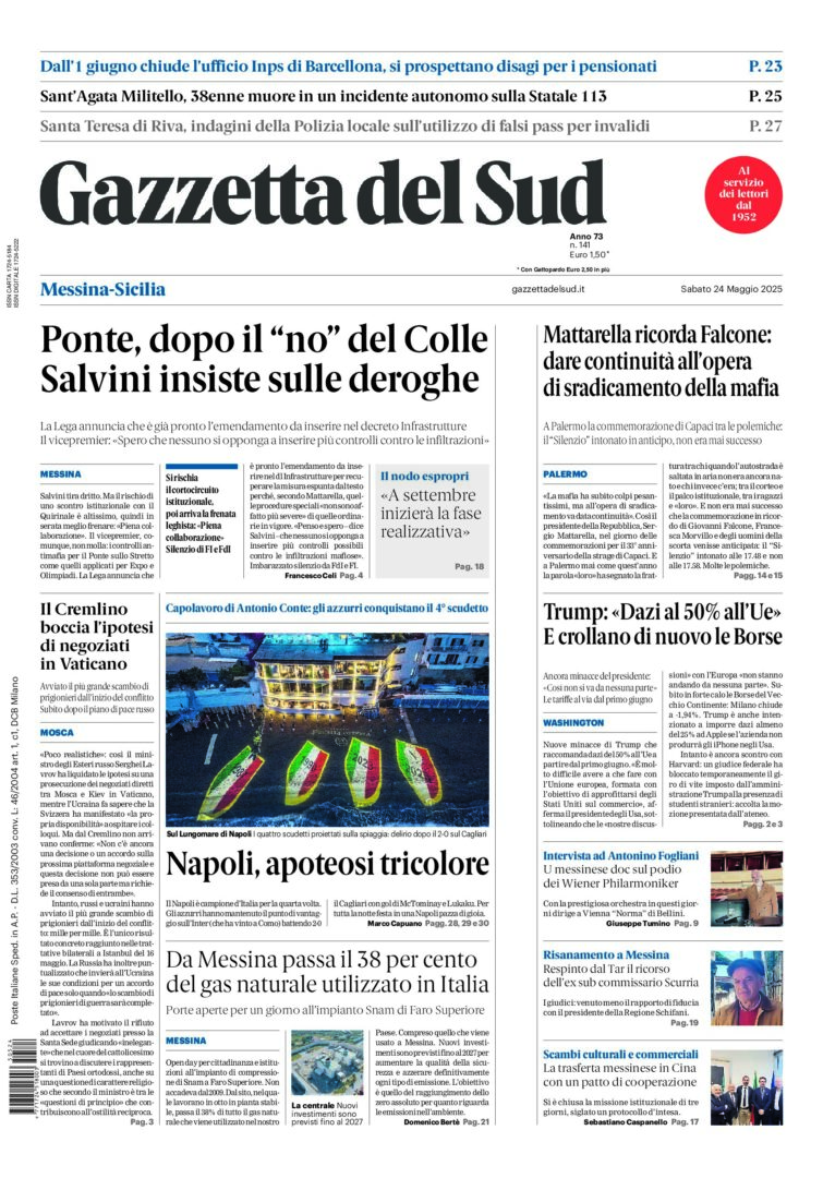 Prima-pagina-gazzetta-del-sud-messina-edizione-di-oggi-24-05-2025