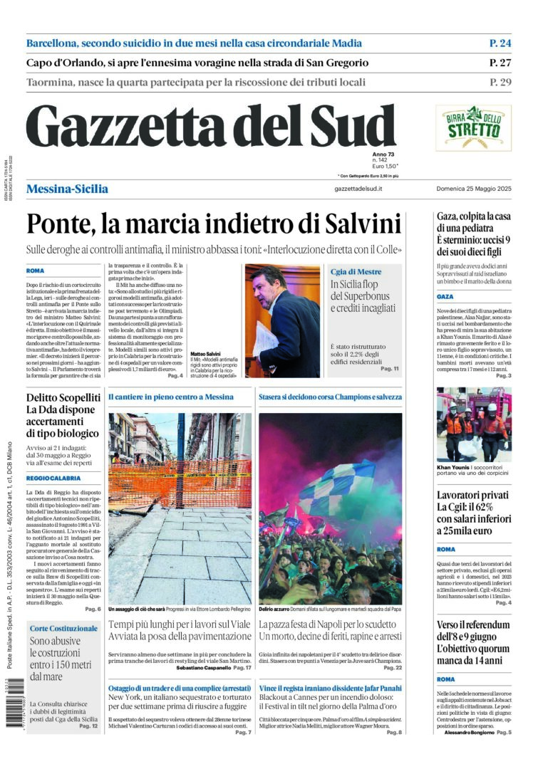 Prima-pagina-gazzetta-del-sud-messina-edizione-di-oggi-25-05-2025