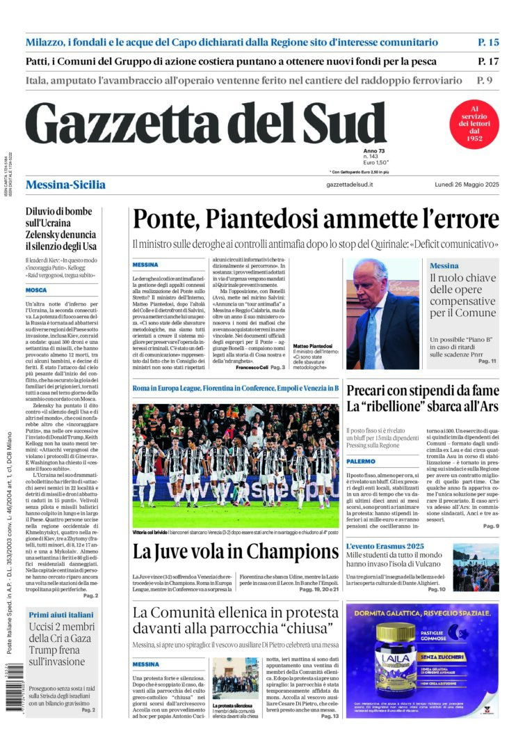 Prima-pagina-gazzetta-del-sud-messina-edizione-di-oggi-26-05-2025