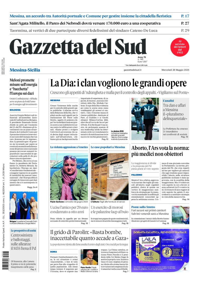 Prima-pagina-gazzetta-del-sud-messina-edizione-di-oggi-28-05-2025