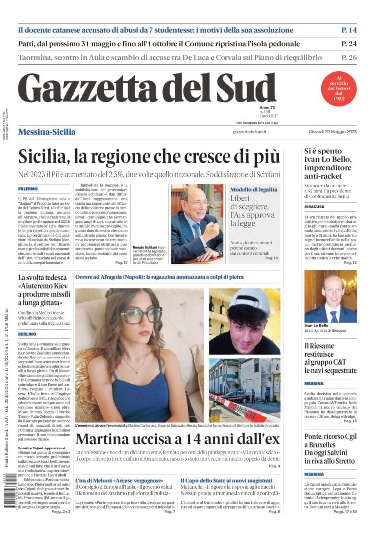 Prima-pagina-gazzetta-del-sud-messina-edizione-di-oggi-29-05-2025
