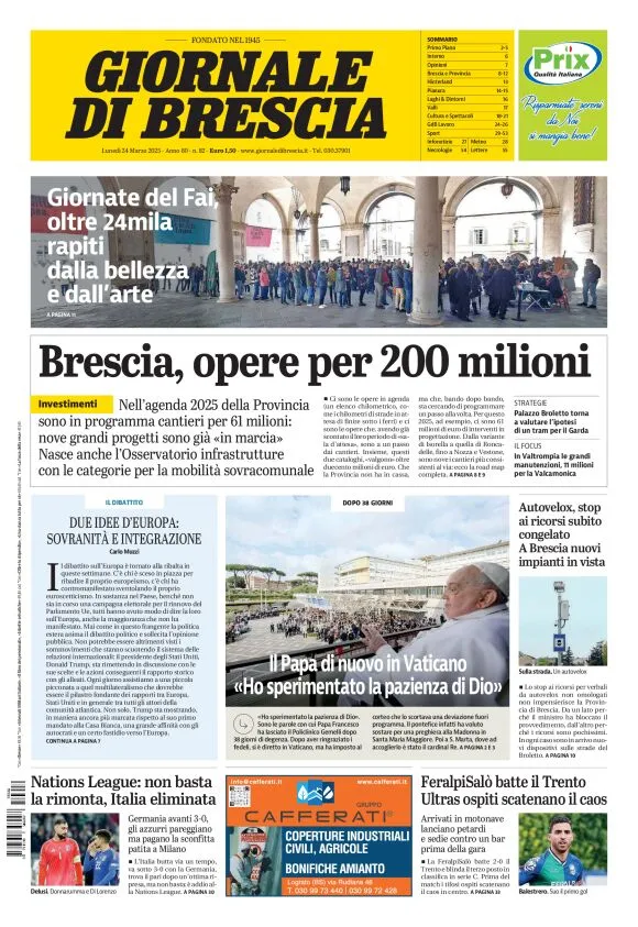 Prima-pagina-giornale di brescia-oggi-edizione-del-2025-03-24