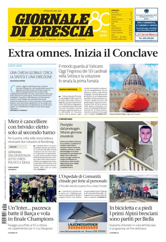 Prima-pagina-giornale di brescia-oggi-edizione-del-2025-05-07