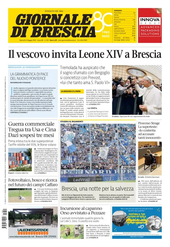 Prima-pagina-giornale di brescia-oggi-edizione-del-2025-05-13