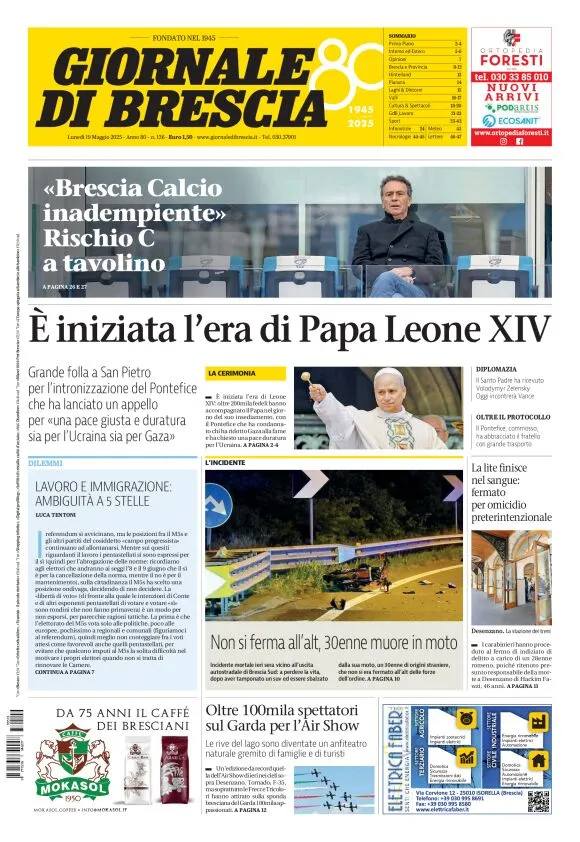 Prima-pagina-giornale di brescia-oggi-edizione-del-2025-05-19