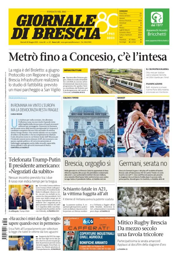 Prima-pagina-giornale di brescia-oggi-edizione-del-2025-05-20