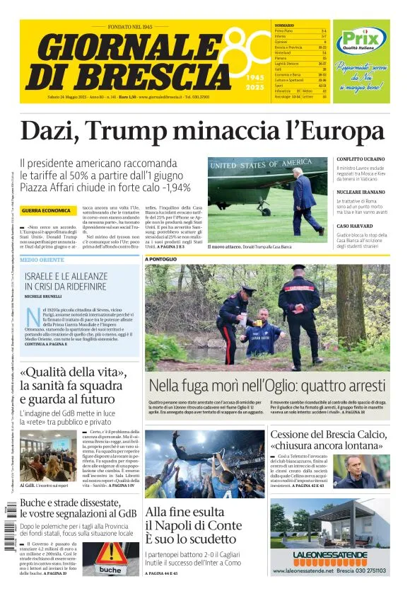 Prima-pagina-giornale di brescia-oggi-edizione-del-2025-05-24