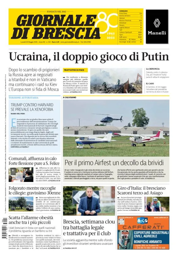 Prima-pagina-giornale di brescia-oggi-edizione-del-2025-05-26