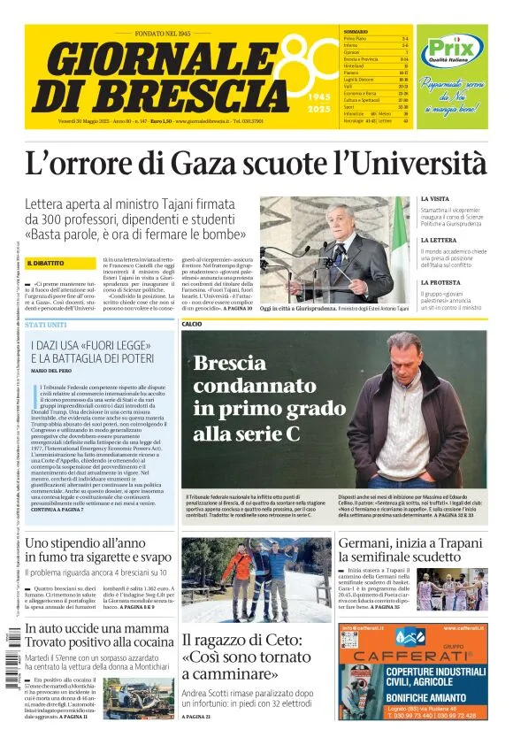 Prima-pagina-giornale di brescia-oggi-edizione-del-2025-05-30