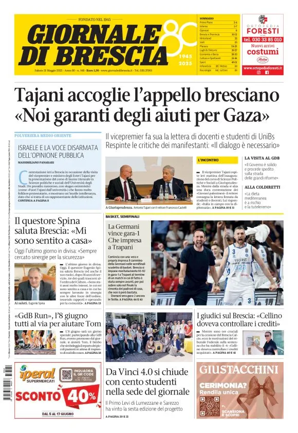 Prima-pagina-giornale di brescia-oggi-edizione-del-2025-05-31
