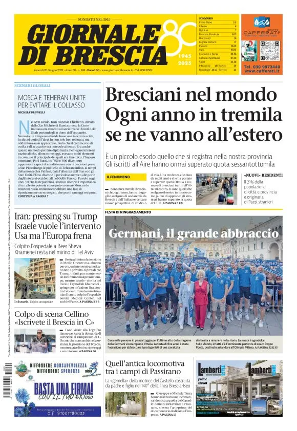 Prima-pagina-giornale di brescia-oggi-edizione-del-2025-06-20