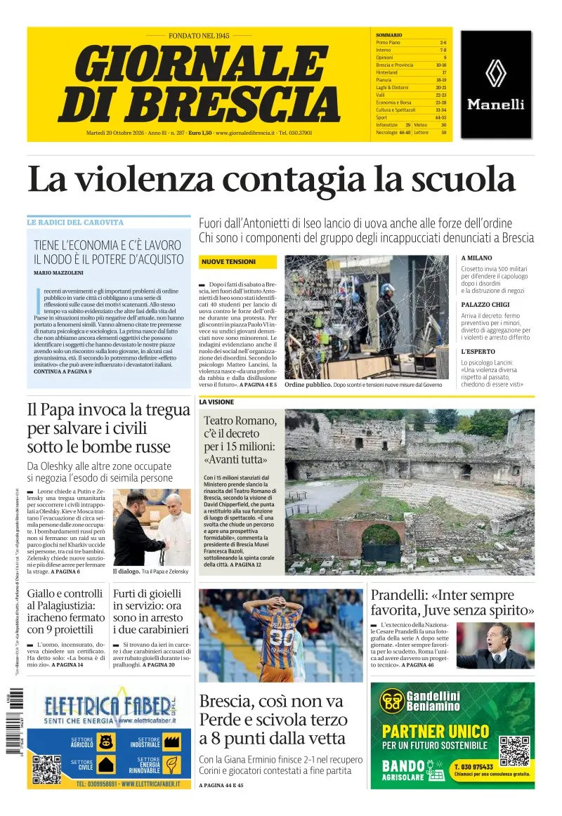 Prima-pagina-giornale di brescia-oggi-edizione-del-2026-10-20