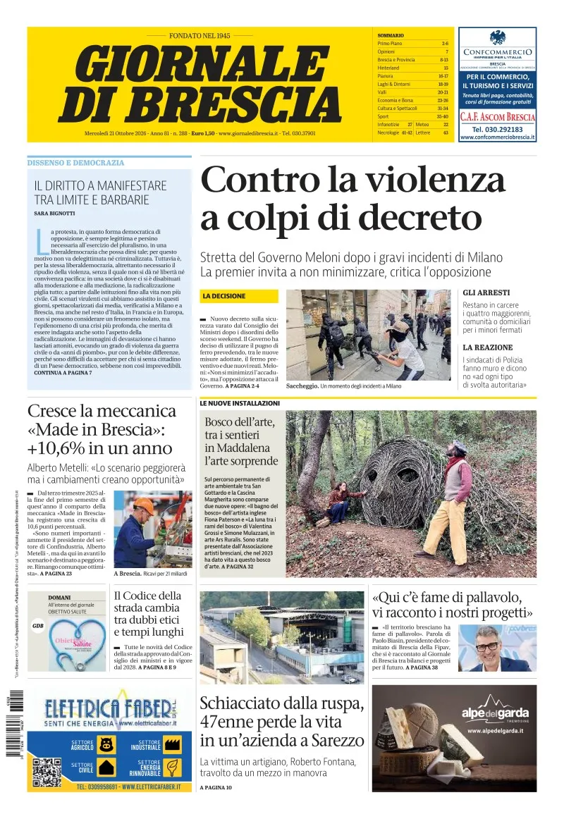 Prima-pagina-giornale di brescia-oggi-edizione-del-2026-10-21