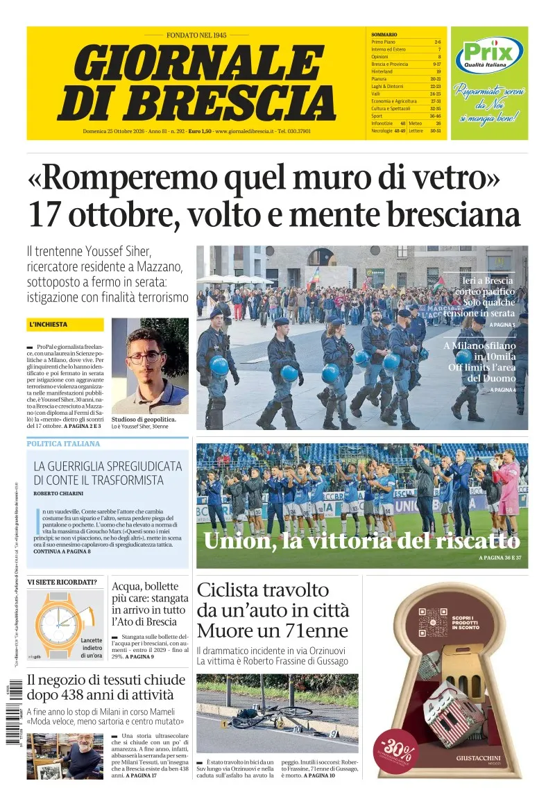Prima-pagina-giornale di brescia-oggi-edizione-del-2026-10-25