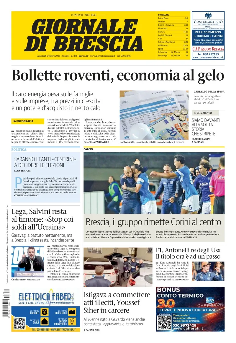 Prima-pagina-giornale di brescia-oggi-edizione-del-2026-10-26