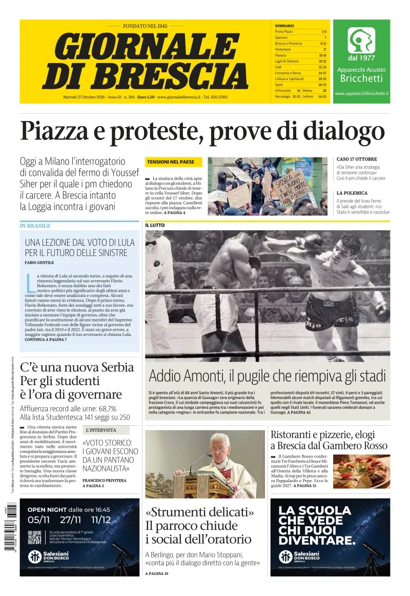 Prima-pagina-giornale di brescia-oggi-edizione-del-2026-10-27
