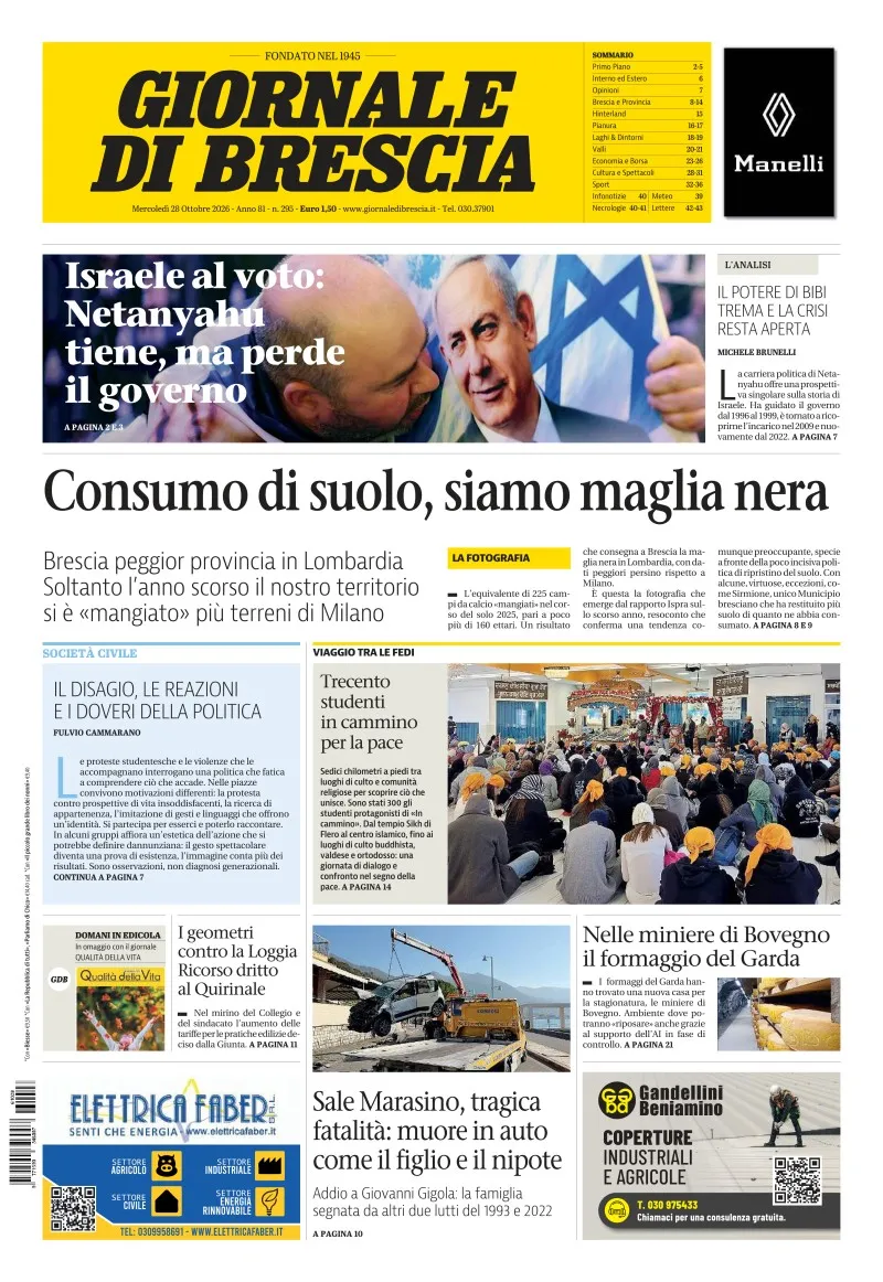Prima-pagina-giornale di brescia-oggi-edizione-del-2026-10-28