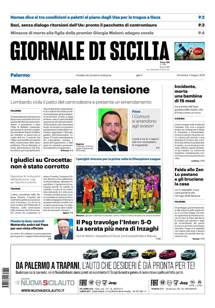 Prima-pagina-Giornale-di-Sicilia-edizione-di-oggi-01-06-2025