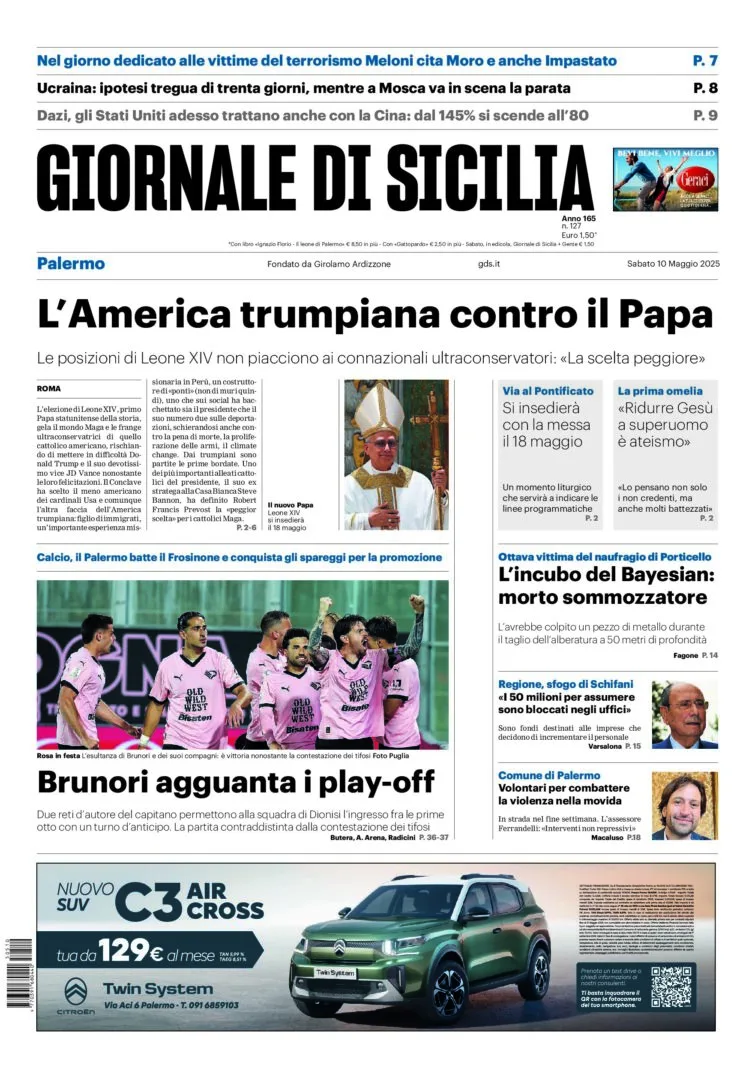 Prima-pagina-Giornale-di-Sicilia-edizione-di-oggi-10-05-2025