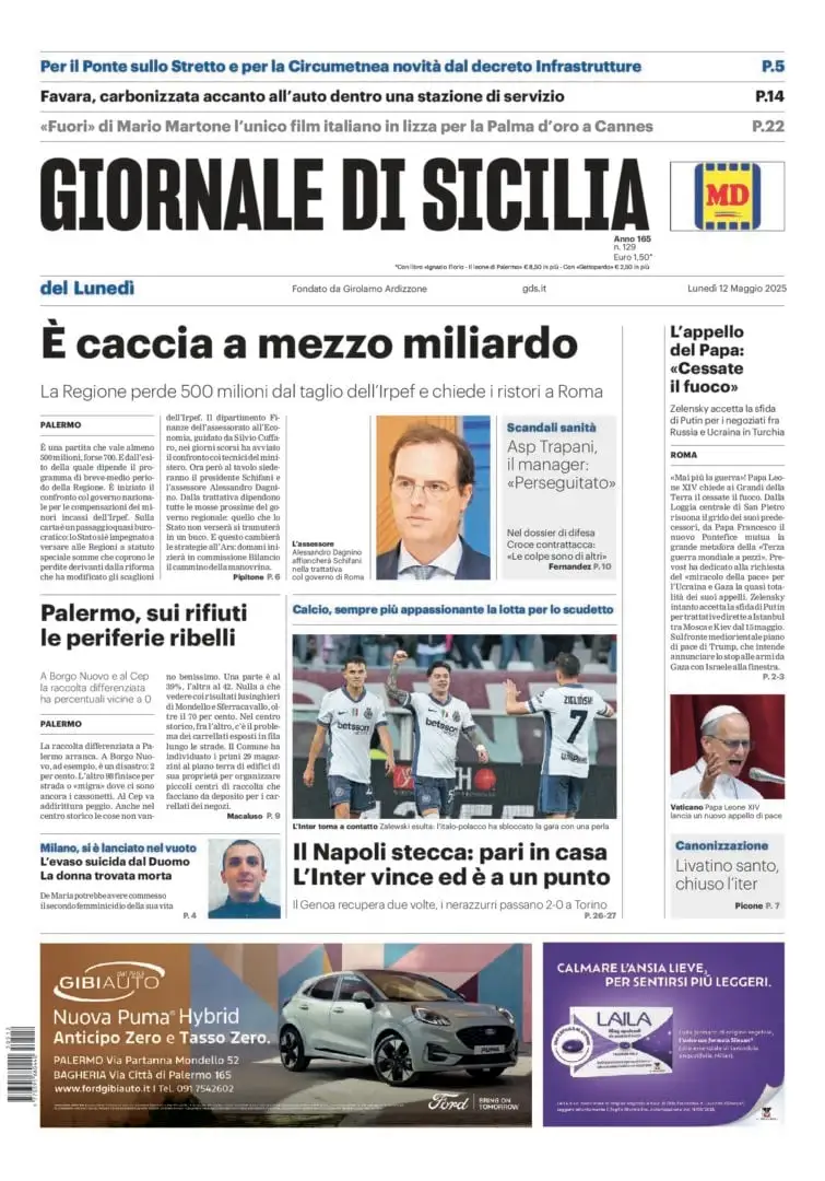 Prima-pagina-Giornale-di-Sicilia-edizione-di-oggi-12-05-2025