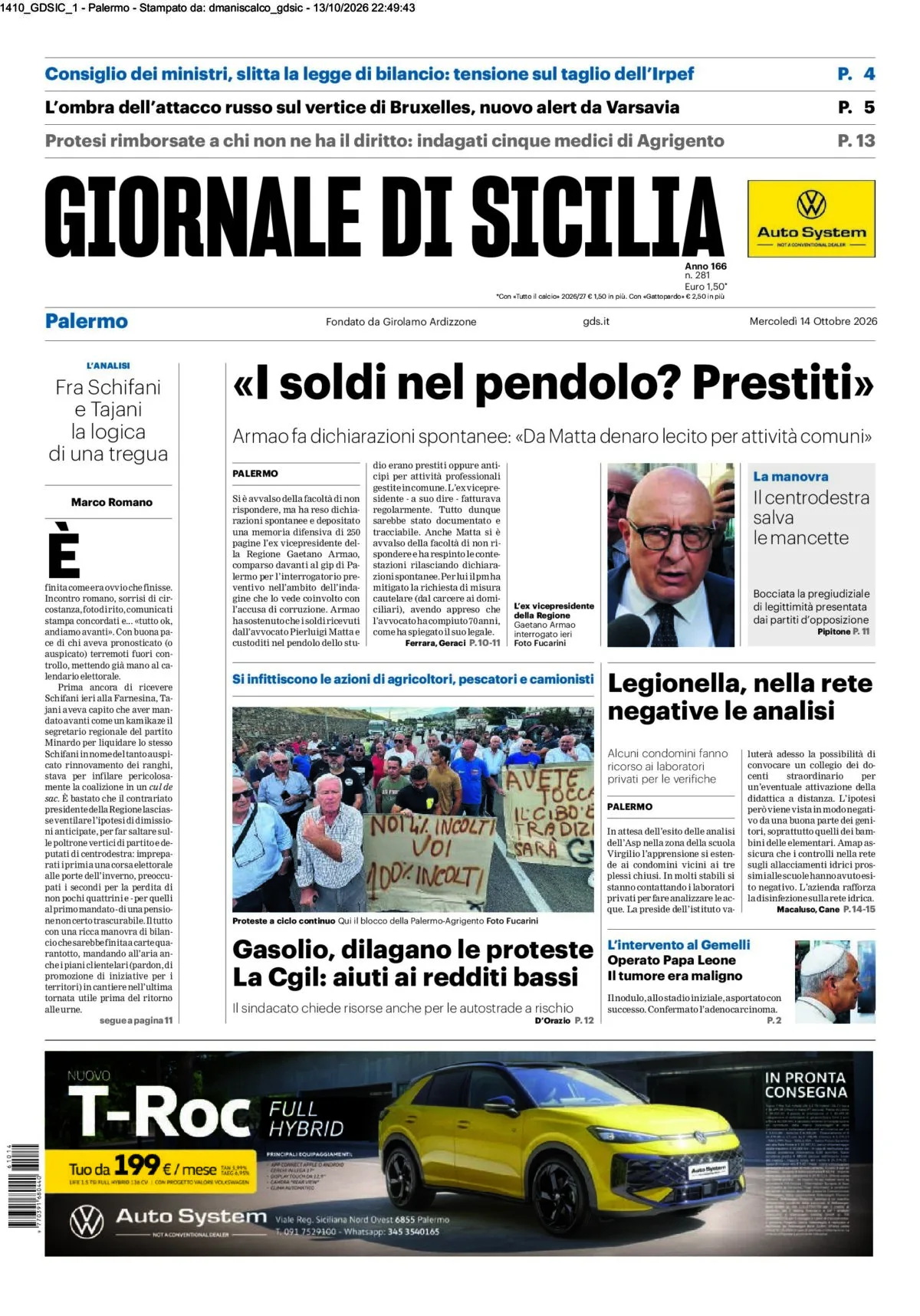 Prima-pagina-Giornale-di-Sicilia-edizione-di-oggi-14-10-2026
