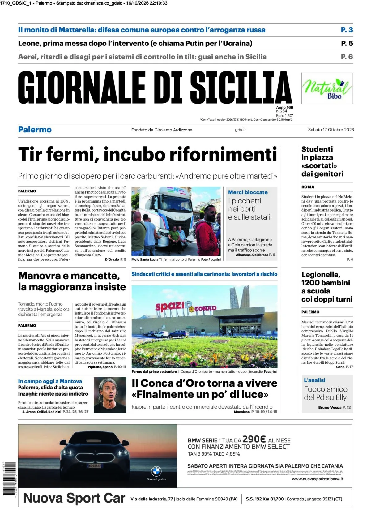 Prima-pagina-Giornale-di-Sicilia-edizione-di-oggi-17-10-2026