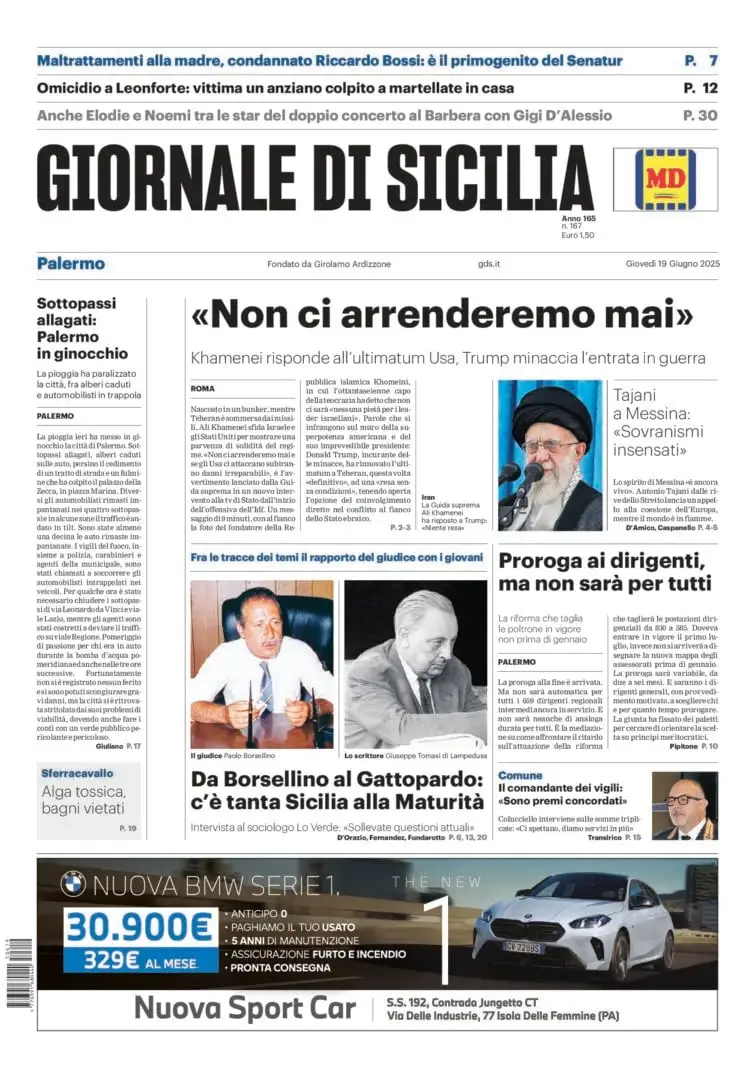 Prima-pagina-Giornale-di-Sicilia-edizione-di-oggi-19-06-2025