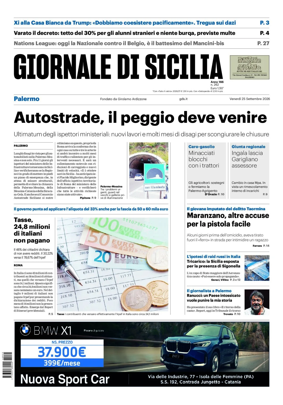 Prima-pagina-Giornale-di-Sicilia-edizione-di-oggi-25-09-2026