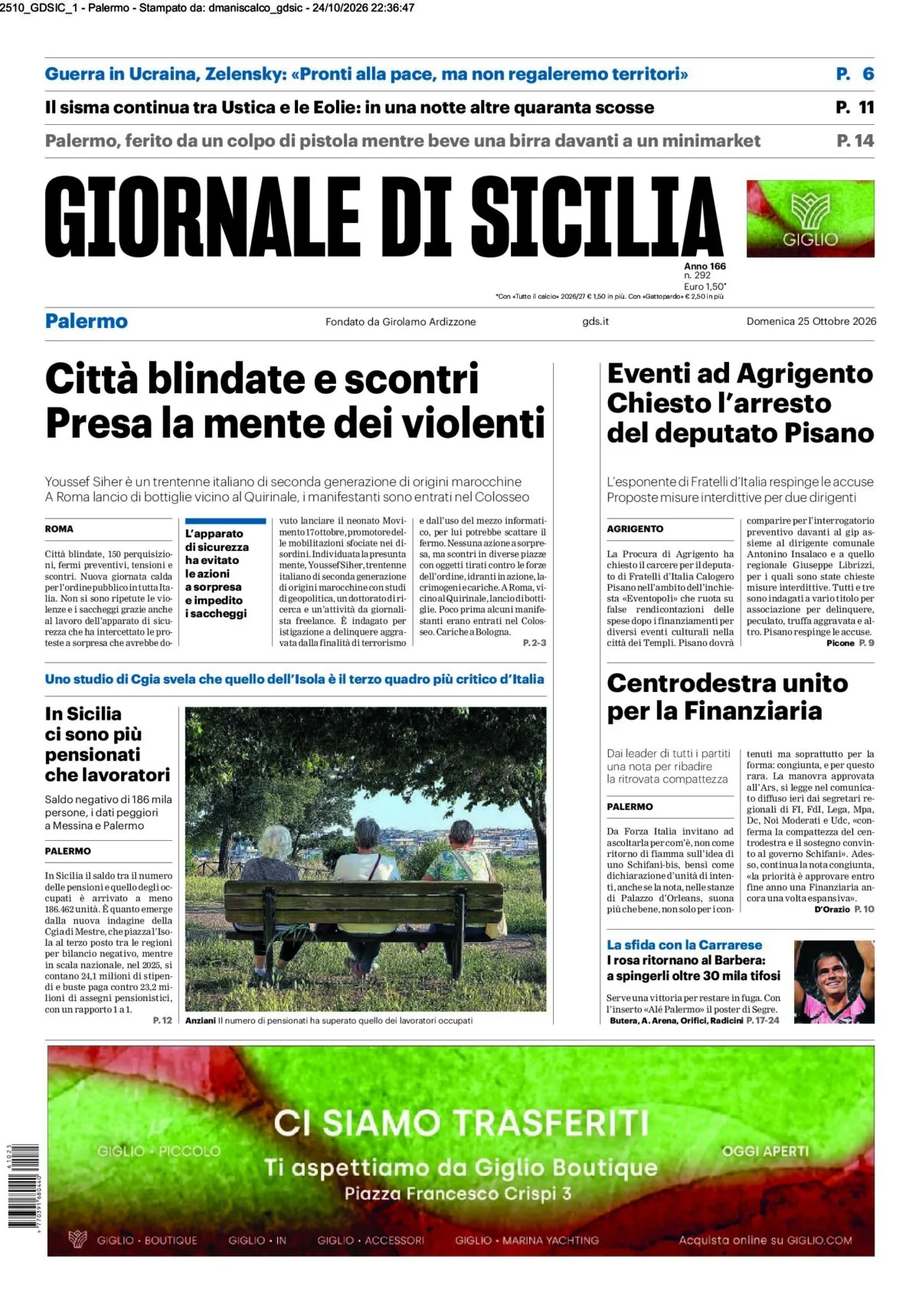 Prima-pagina-Giornale-di-Sicilia-edizione-di-oggi-25-10-2026