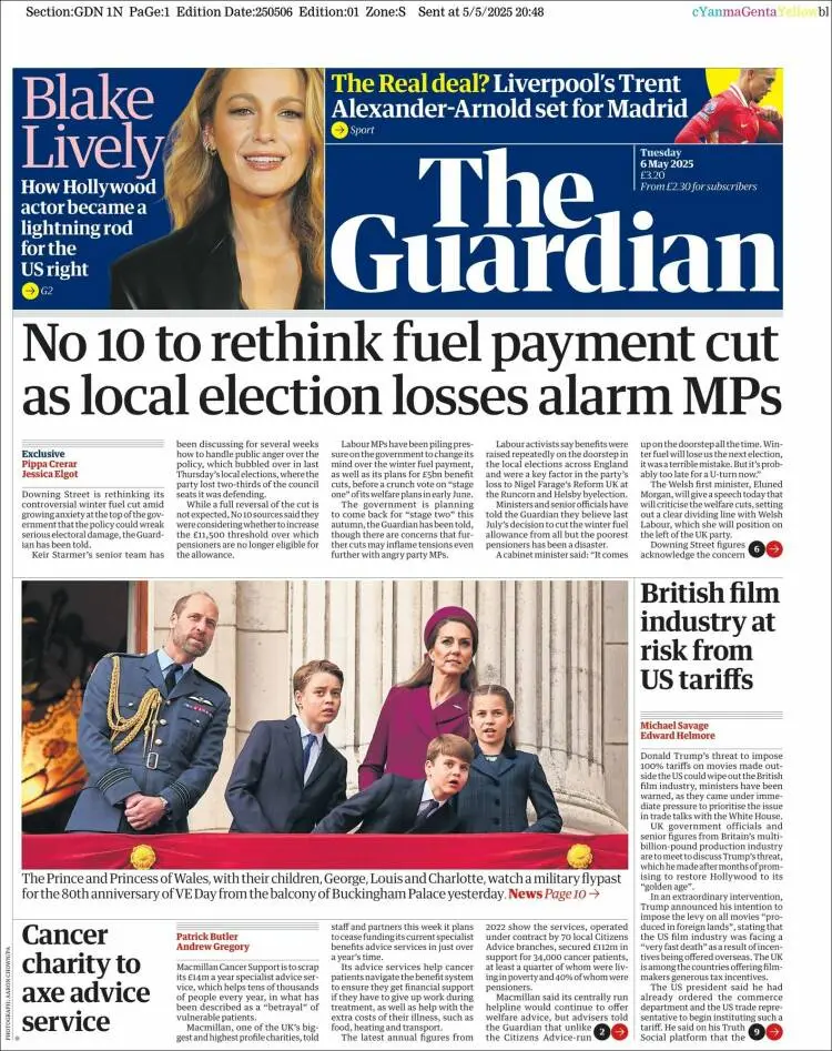 Prima-pagina-guardian-edizione-di-oggi-2025-05-06