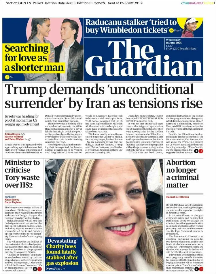 Prima-pagina-guardian-edizione-di-oggi-2025-06-18