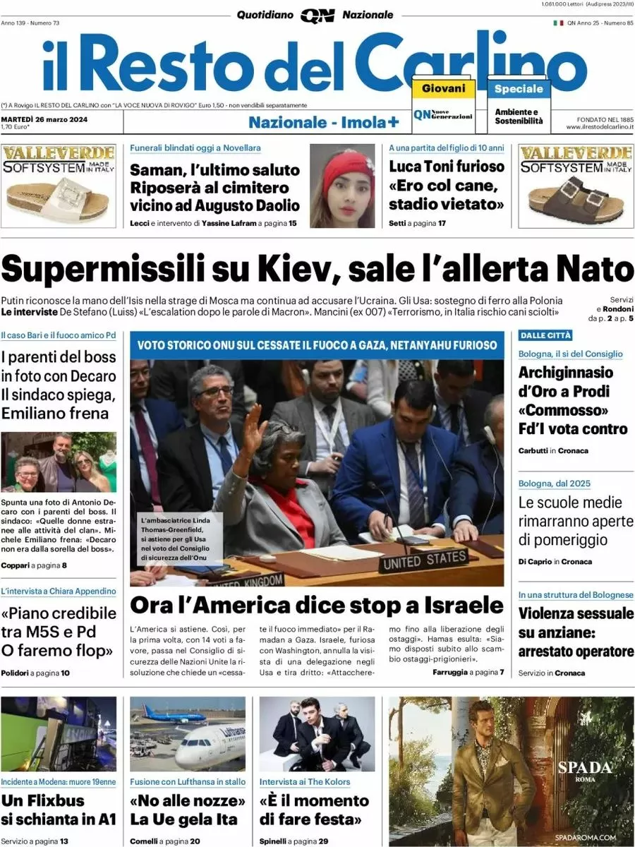 Prima-pagina-il-resto-del-carlino-edizione-di-oggi-26-03-2024