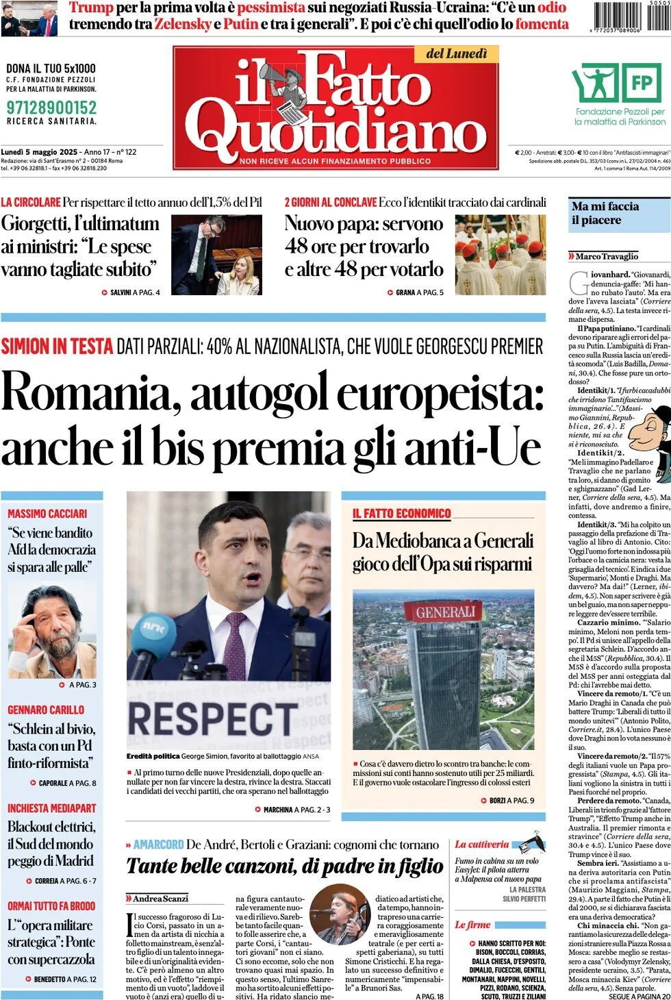Prima-pagina-il-fatto-quotidiano-edizione-di-oggi-05-05-2025
