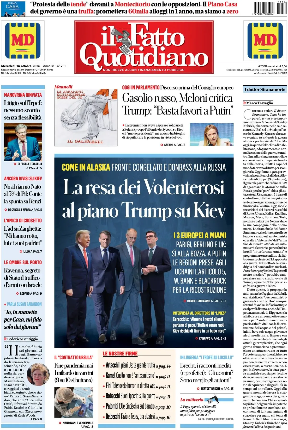 Prima-pagina-il-fatto-quotidiano-edizione-di-oggi-14-10-2026