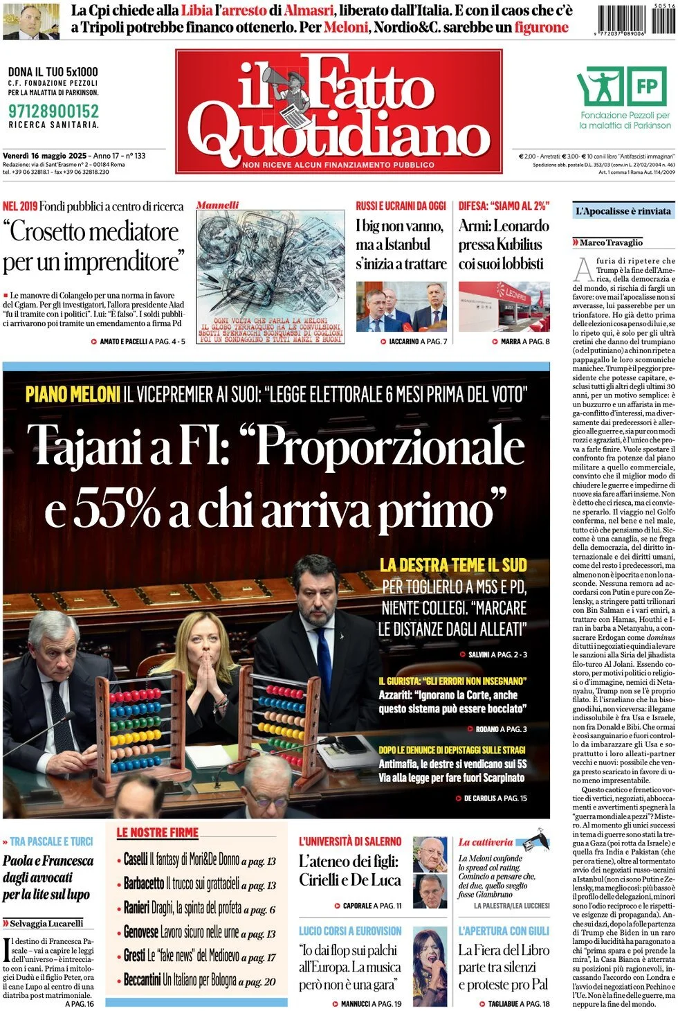 Prima-pagina-il-fatto-quotidiano-edizione-di-oggi-16-05-2025