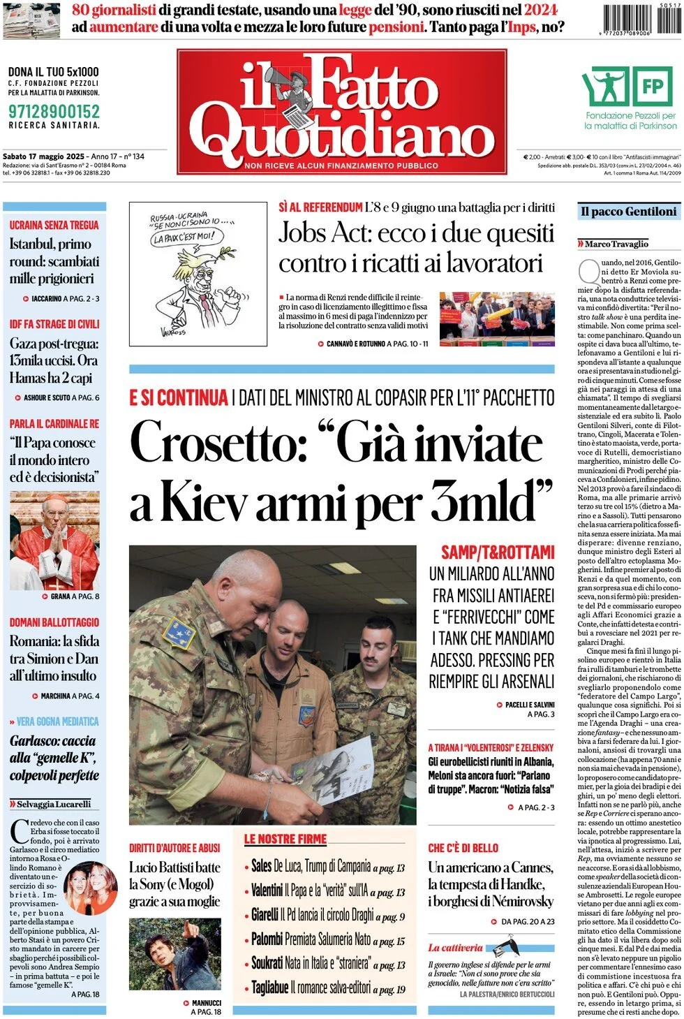 Prima-pagina-il-fatto-quotidiano-edizione-di-oggi-17-05-2025