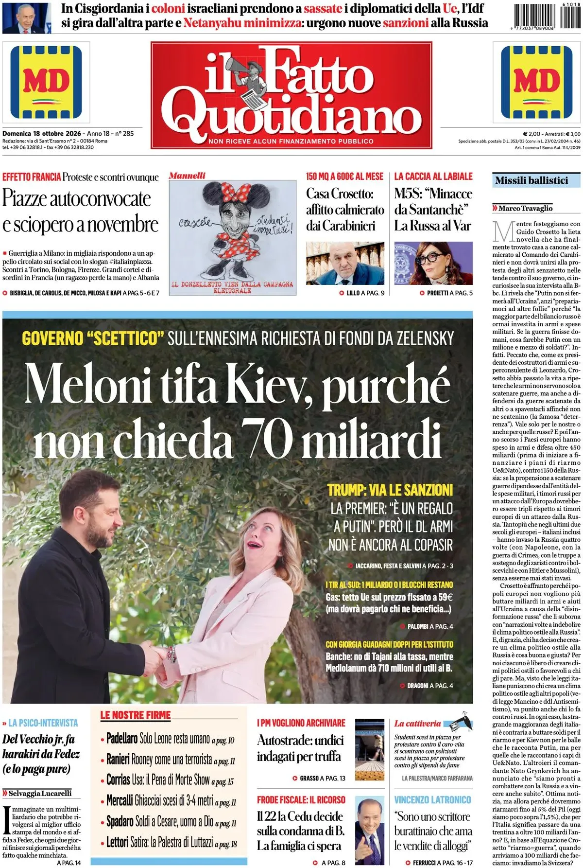 Prima-pagina-il-fatto-quotidiano-edizione-di-oggi-18-10-2026