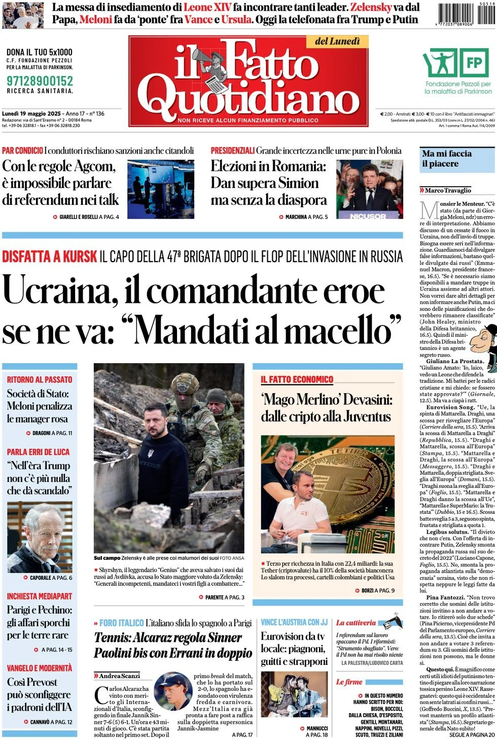 Prima-pagina-il-fatto-quotidiano-edizione-di-oggi-19-05-2025